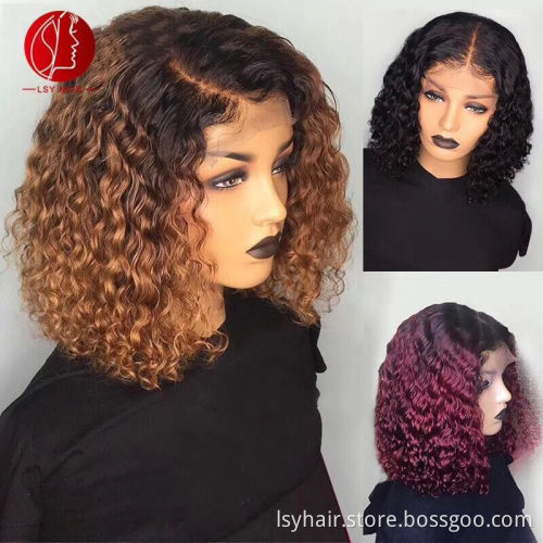 Lsy Ombre Color 1B30 1B99J Short Curly Wig Water Wave 150 Density Human Hair Lace Front Wigs Curly Hair Bob Wigs